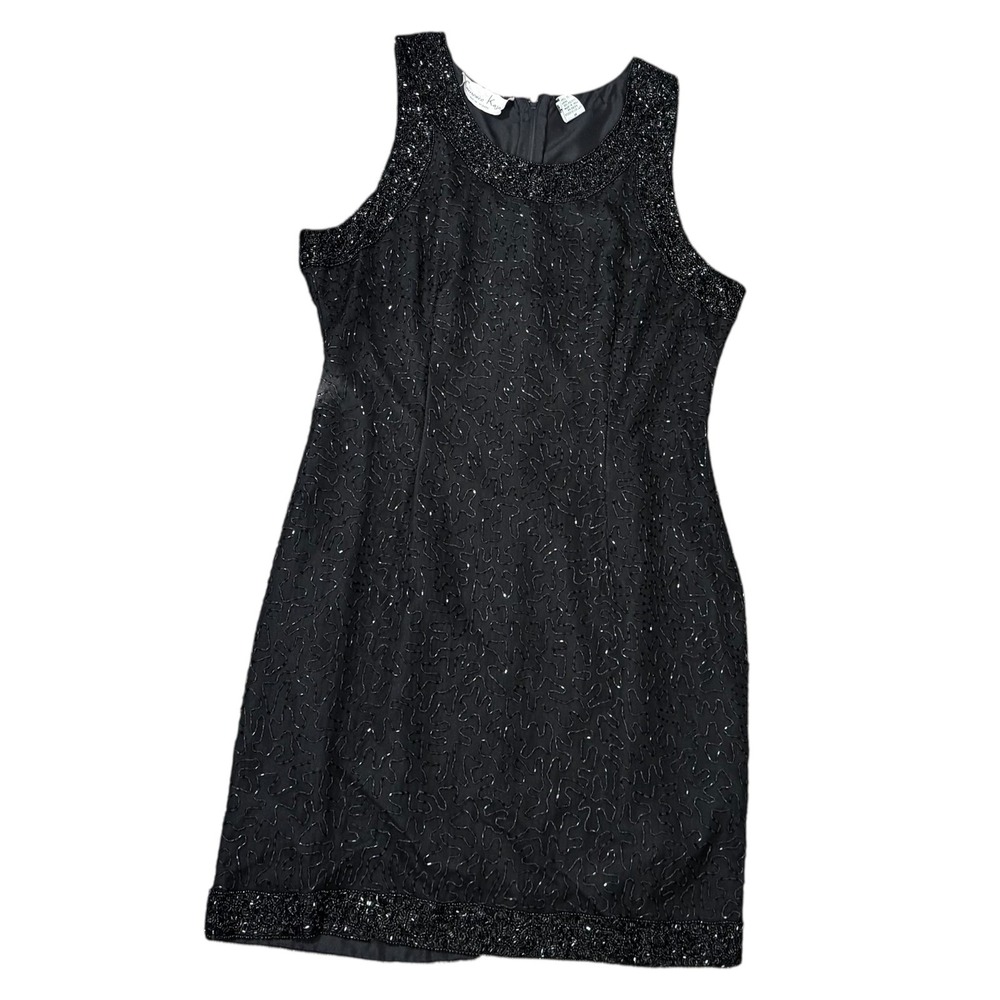 Laurence Kazar Black Beaded Silk Cocktail Dress Sz M VTG 80s Whimsigoth fairy - Picture 3 of 11